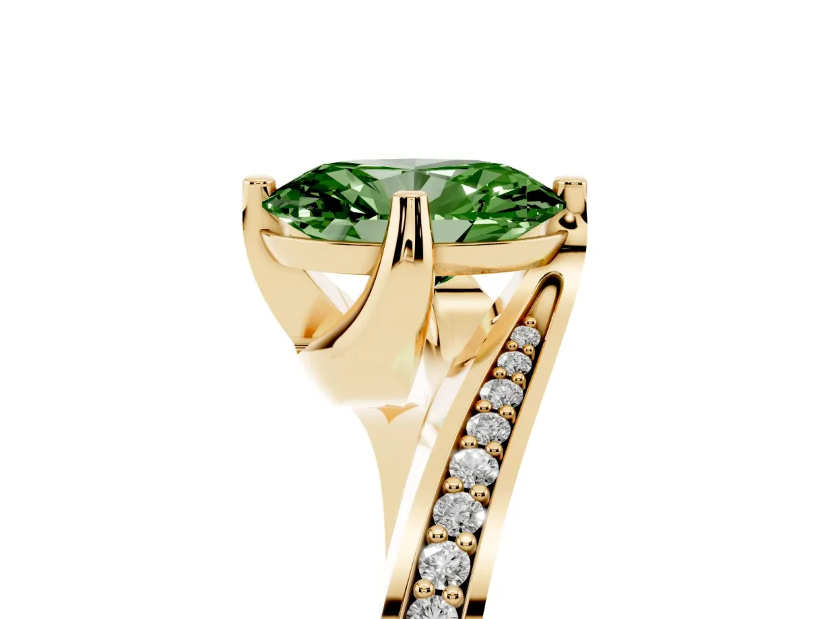 Fancy Green Oval Cut Solitaire Diamond Twist Band with Pavé Setting and Four-Prong Setting Yellow gold