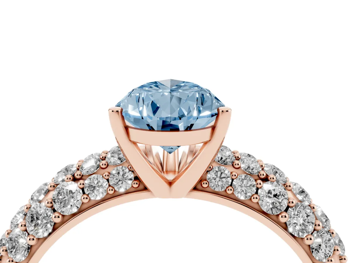 Fancy Blue Pear Cut Diamond Pavé Band Solitaire Ring with Four-Prong Setting Rose gold