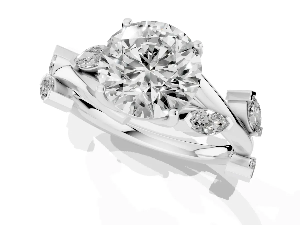 Round Cut Solitaire Twisted Band Marquise Accent Prong Setting Ring Silver