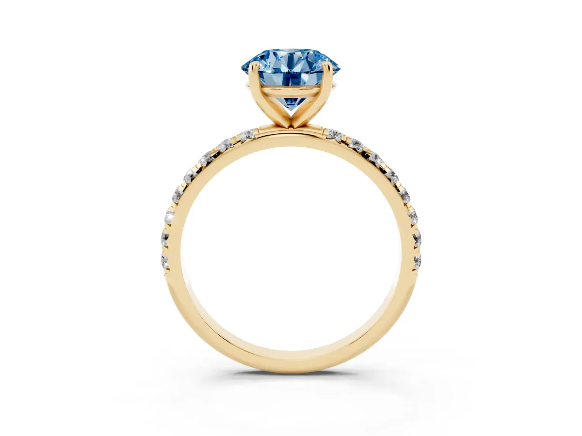 Fancy Blue Round Cut Cut Diamond Solitaire Ring with Micro Pave Band and Four Prong Setting Yellow gold