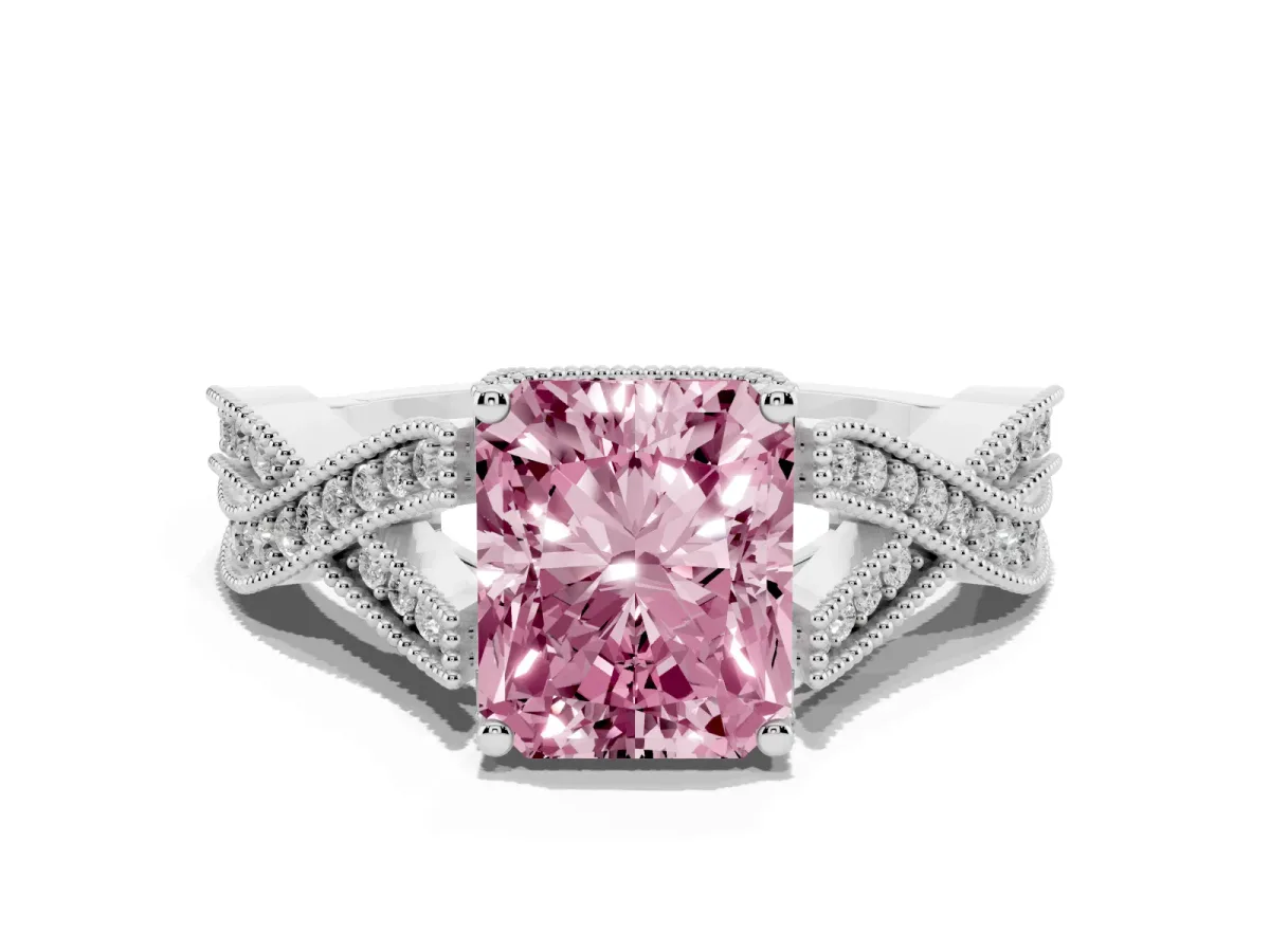 Fancy Pink Radiant Cut Cut Diamond Twisted Band with Milgrain Pave Setting and Four-Prong Setting White gold