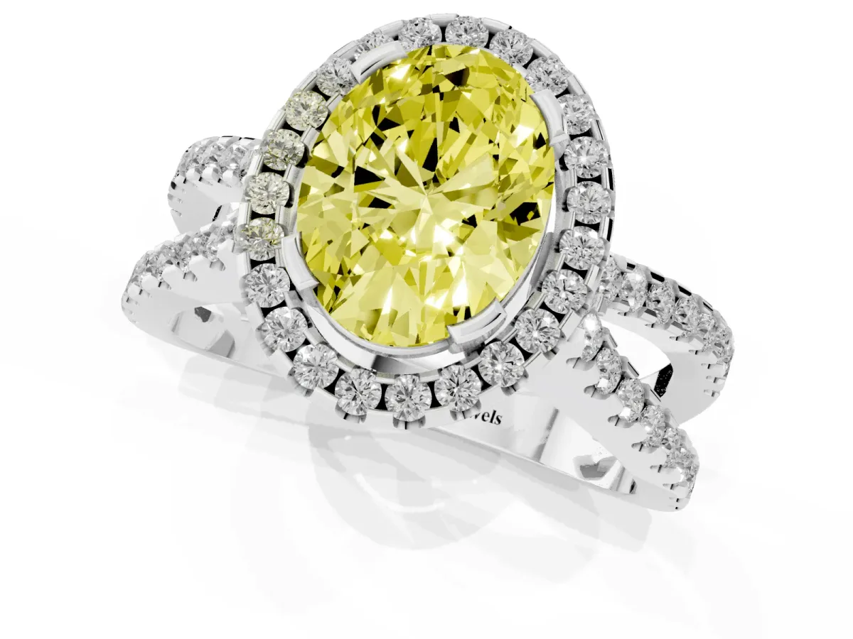 Fancy Yellow Oval Cut Diamond Halo Ring with Split Shank Pavé Band and Prong Setting Silver