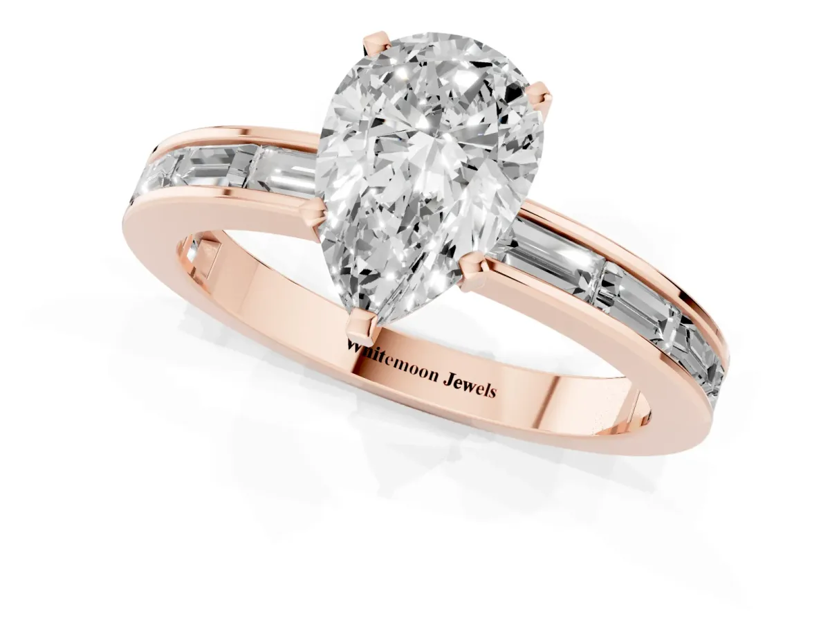 Pear Cut Solitaire Diamond Ring with Channel-Set Baguette Band and Four-Prong Setting Rose gold