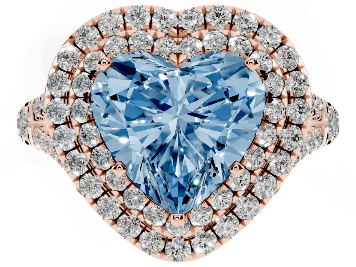 Fancy Blue Heart Cut Cut Double Halo Split Shank Diamond Ring with Prong Setting Rose gold