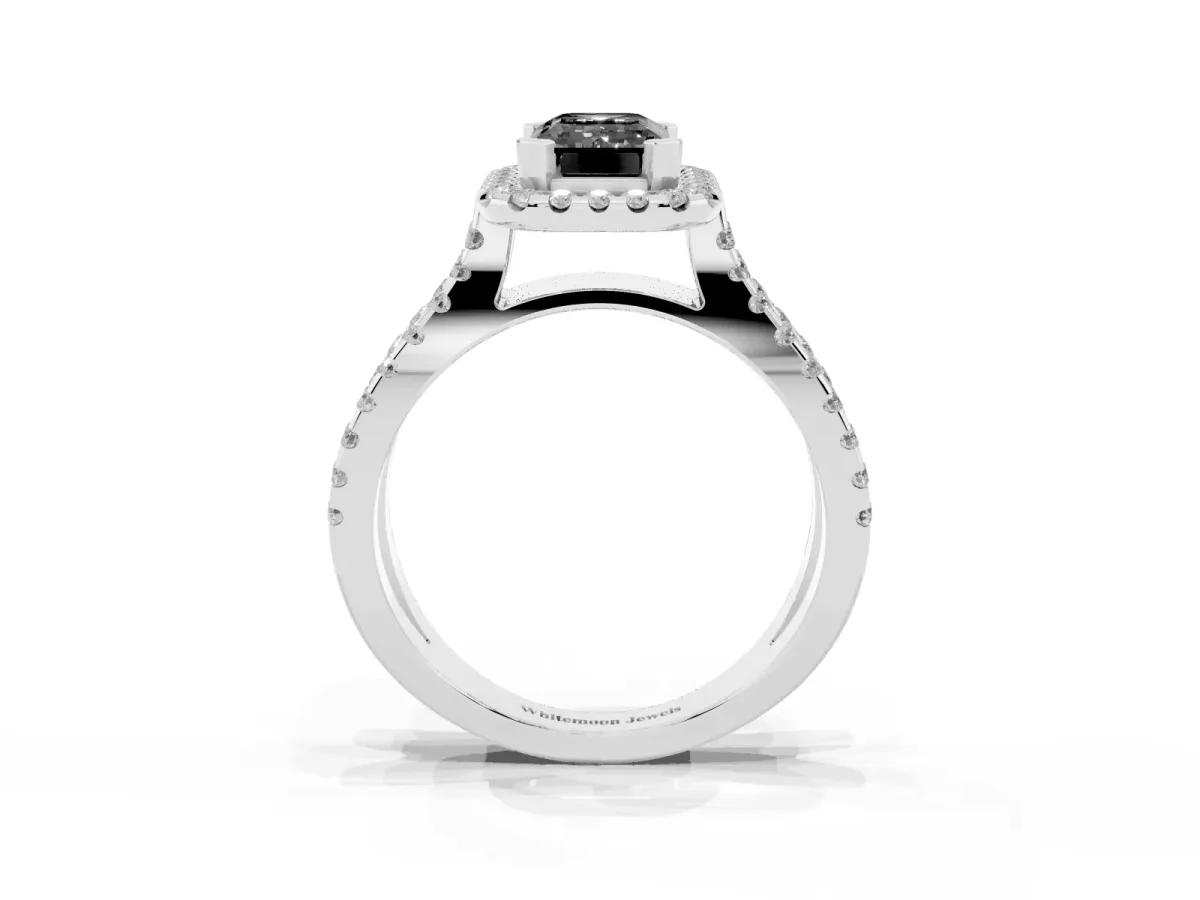 Fancy Black Emerald Cut Diamond Halo Ring with Split Shank Pavé Band and Prong Setting Platinum
