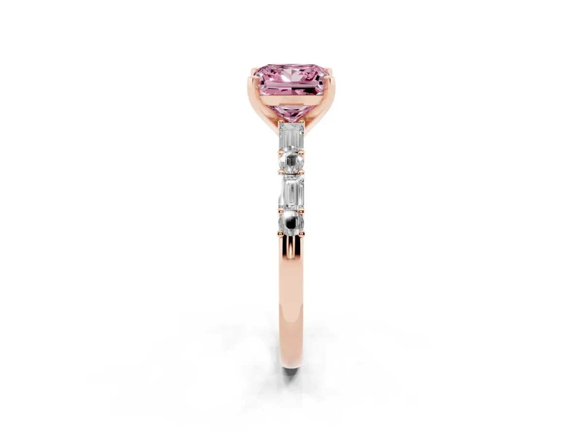 Fancy Pink Princess Cut Diamond Solitaire with Side Baguettes and Channel Set Band Rose gold