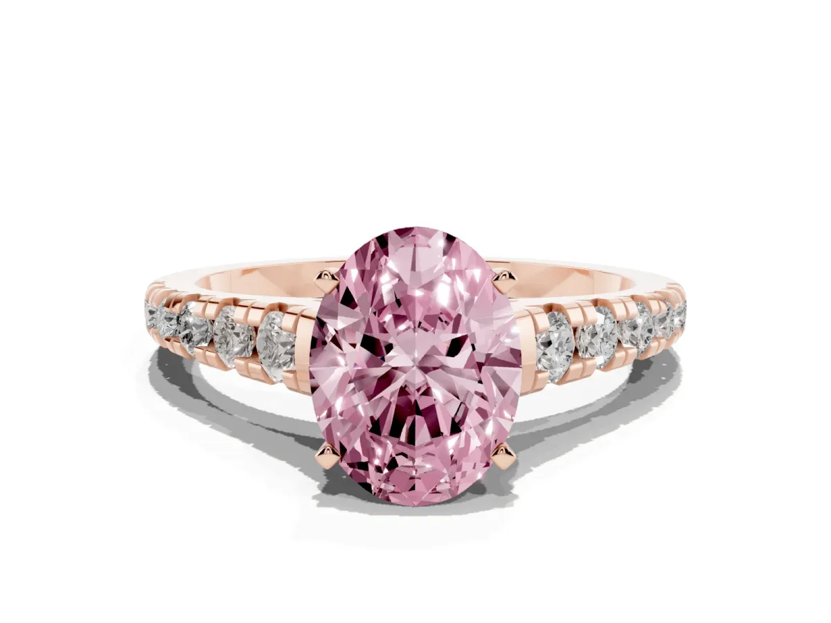 Fancy Pink Oval Cut Diamond Cathedral Solitaire Ring with Round Pavé Band Rose gold