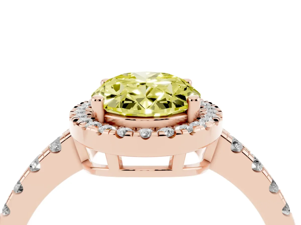 Fancy Yellow Oval Cut Diamond Halo Ring with Pavé Band and Four-Prong Setting Rose gold