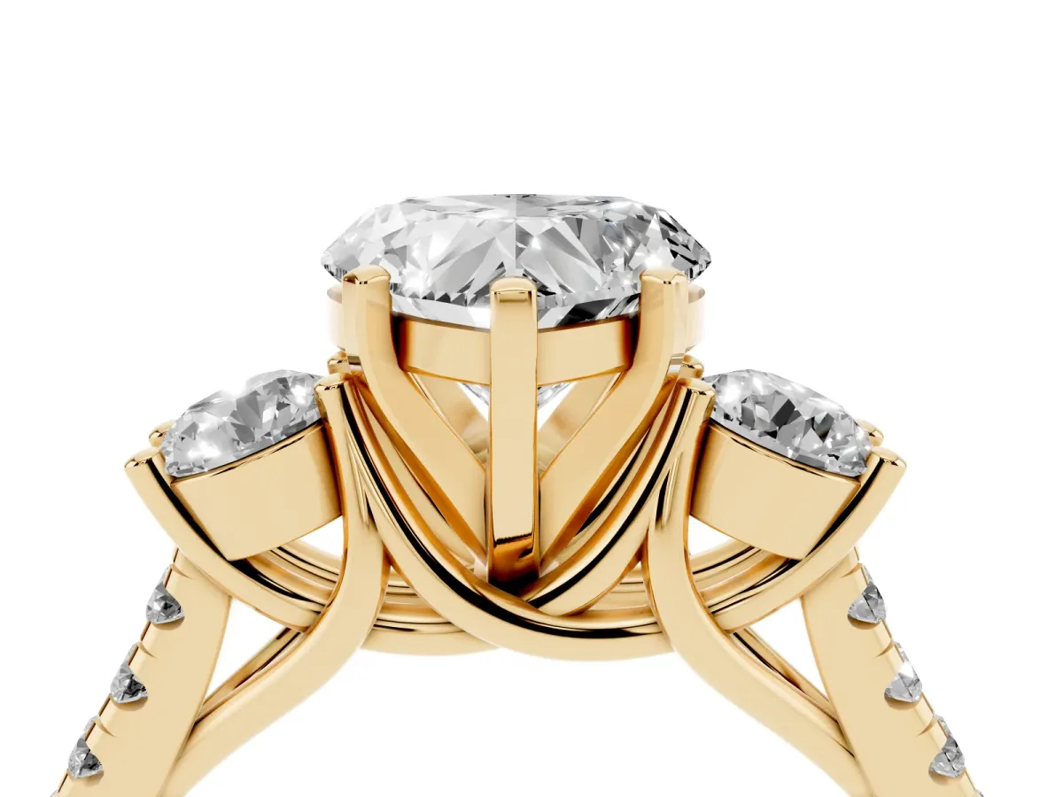 Three-Stone Heart Cut Diamond Pavé Band with Four-Prong Setting Yellow gold