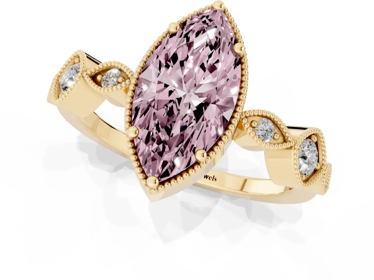 Fancy Pink Marquise Cut Diamond Vintage Milgrain Ring with Round Stations Yellow gold