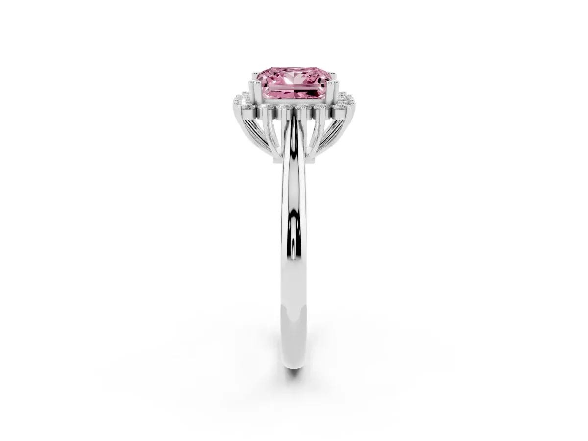 Fancy Pink Princess Cut Cut Diamond Halo Ring with Solitaire Band and Prong Setting Silver