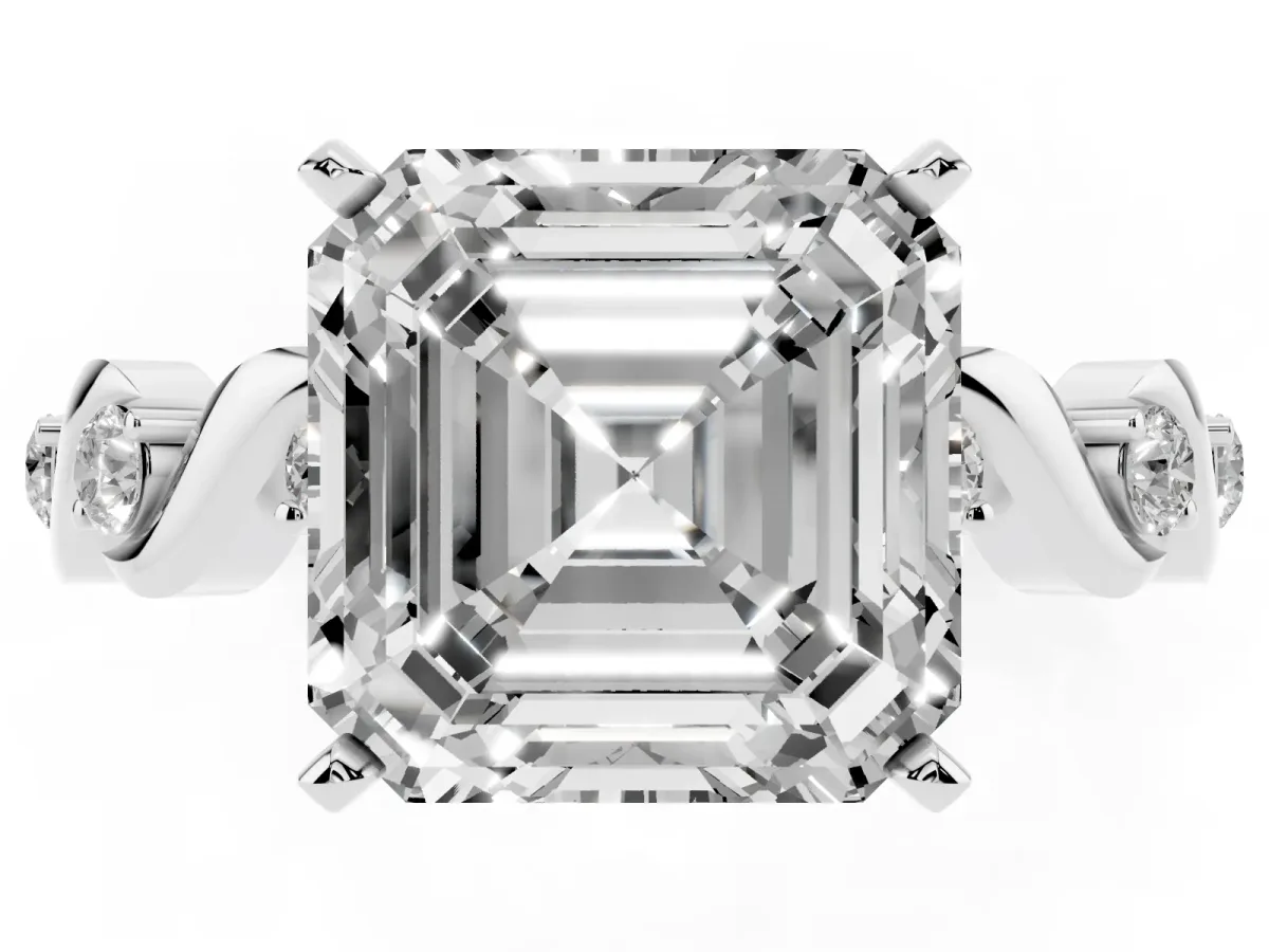 Asscher Cut Diamond Solitaire Twisted Band with Round Accents and Prong Setting Platinum