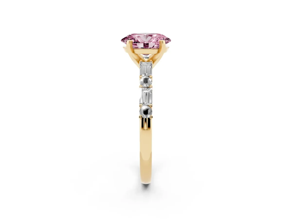 Fancy Pink Oval Cut Diamond Solitaire with Side Baguettes and Channel Set Band Yellow gold