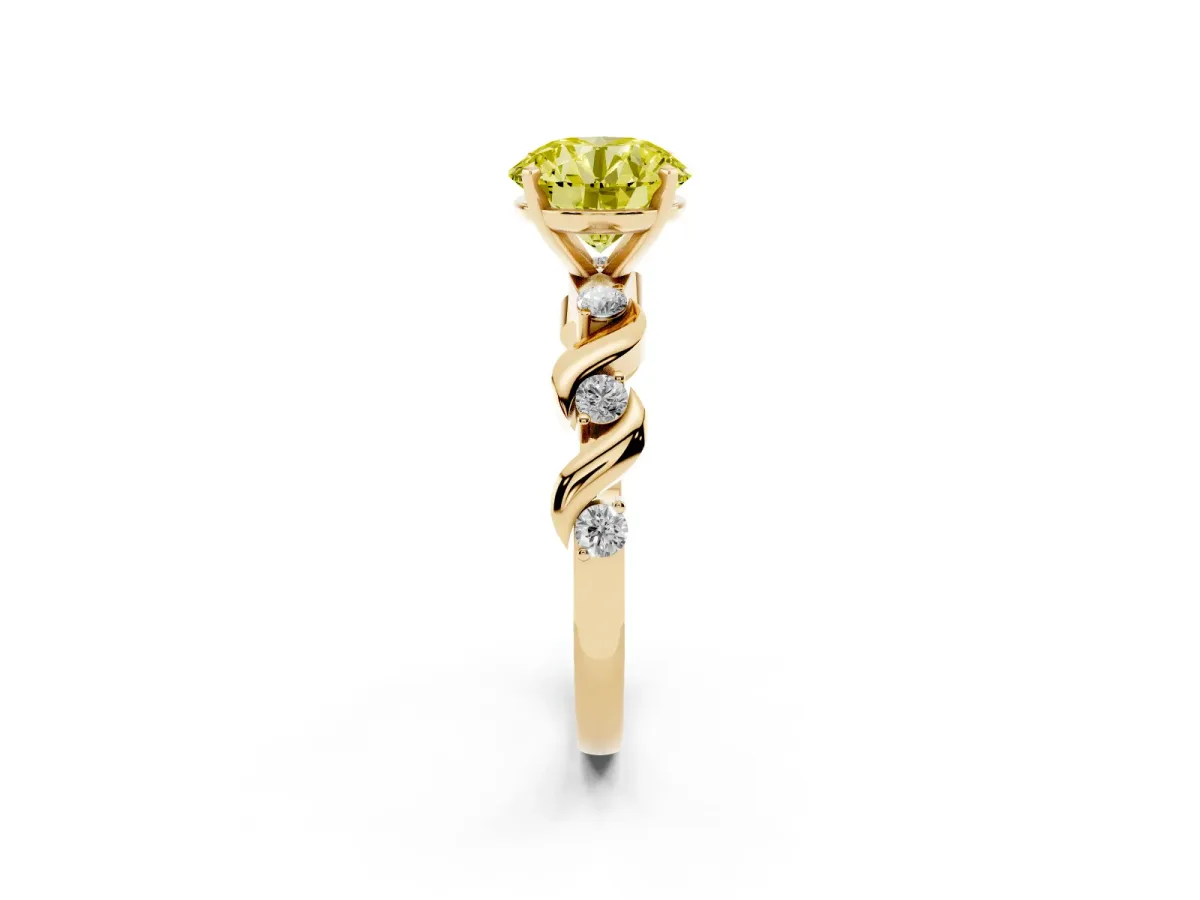 Fancy Yellow Round Cut Diamond Solitaire Twisted Band with Round Accents and Prong Setting Yellow gold