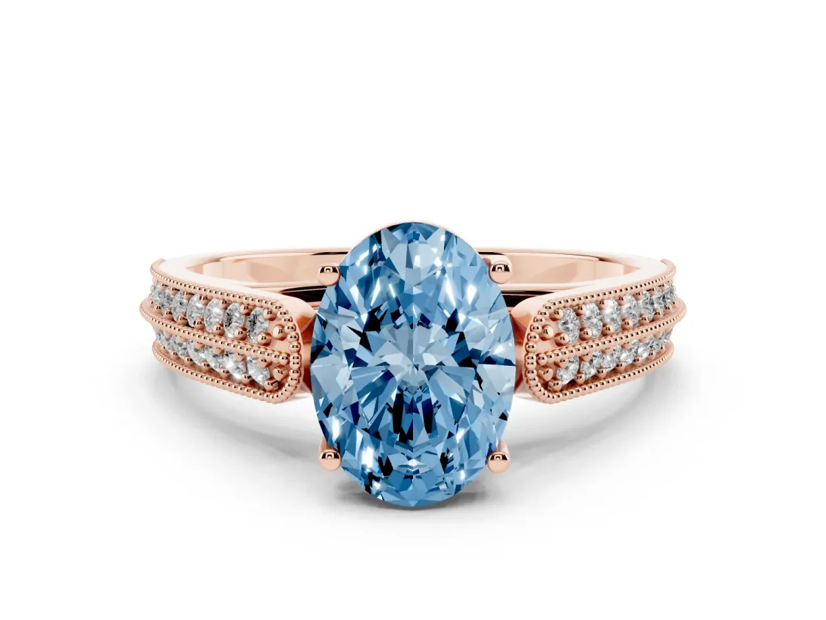 Fancy Blue Oval Cut Cut Pave Split Shank Engagement Ring with Four-Prong Setting Rose gold