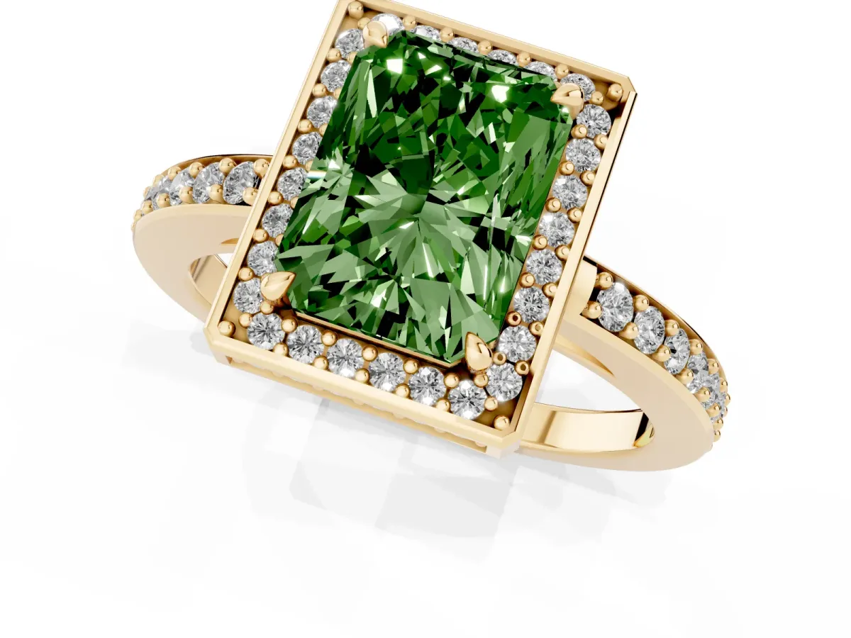 Fancy Green Radiant Cut Halo Pave Band Solitaire Ring with Prong Setting Yellow gold