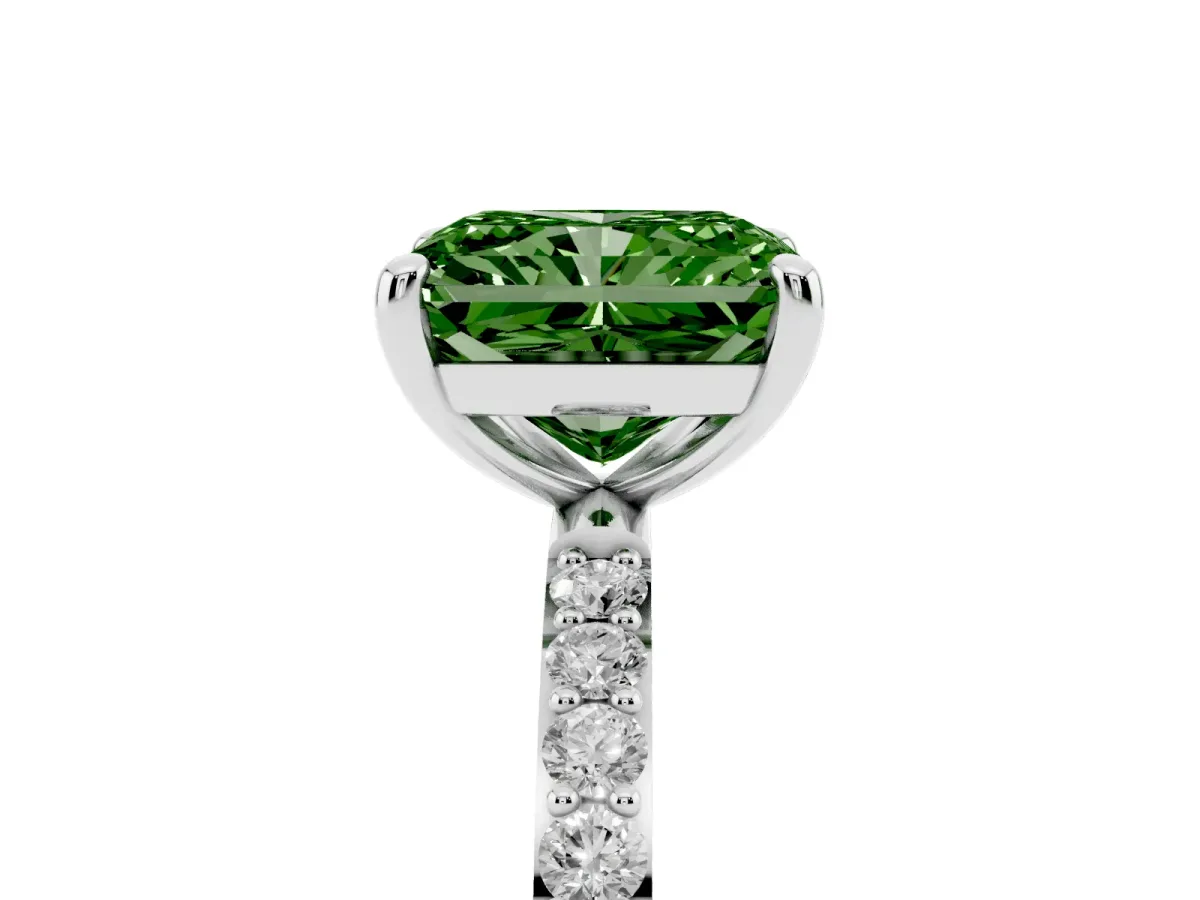 Fancy Green Radiant Cut Diamond Solitaire Ring with Round Pavé Band and Prong Setting Silver