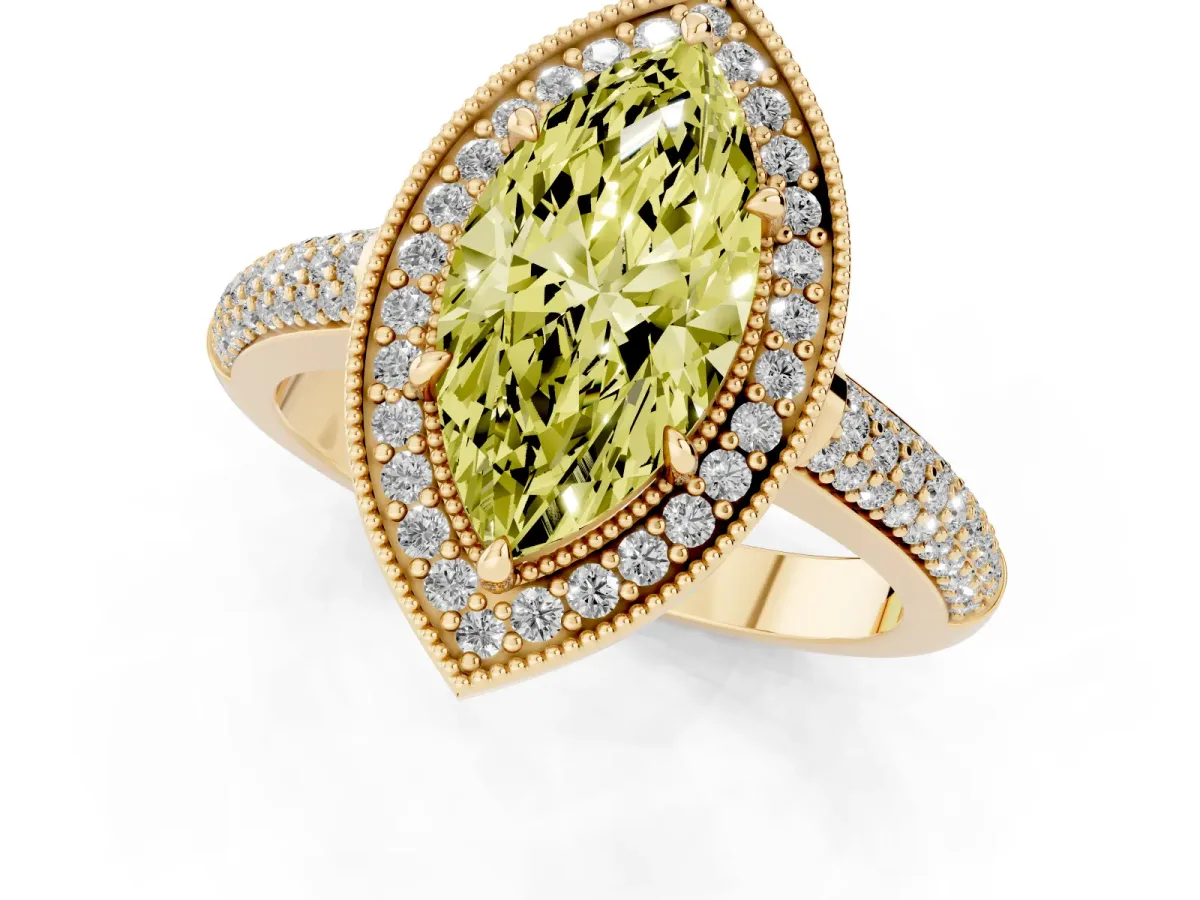 Fancy Yellow Marquise Cut Cut Halo Diamond Pave Band with Four-Prong Setting Yellow gold