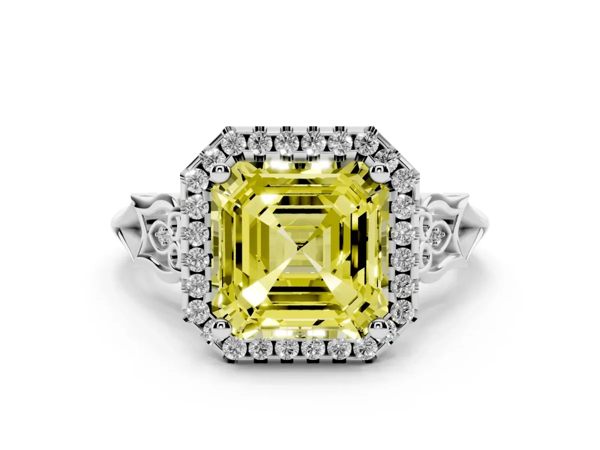 Fancy Yellow Asscher Cut Halo Diamond Engagement Ring with Filigree Band and Four-Prong Setting White gold
