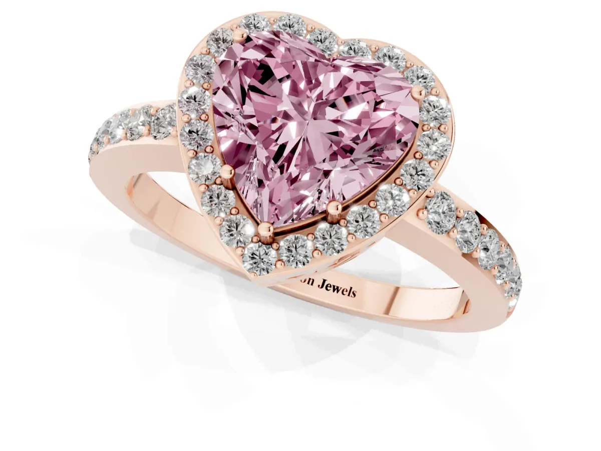 Fancy Pink Heart Cut Halo Diamond Pavé Band Ring with Prong Setting Rose gold