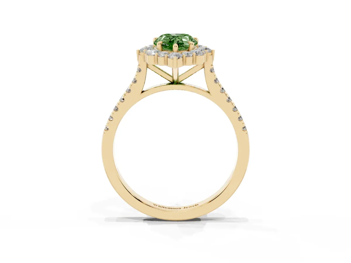 Fancy Green Pear Cut Halo Diamond Ring with Pavé Band and Prong Setting Yellow gold