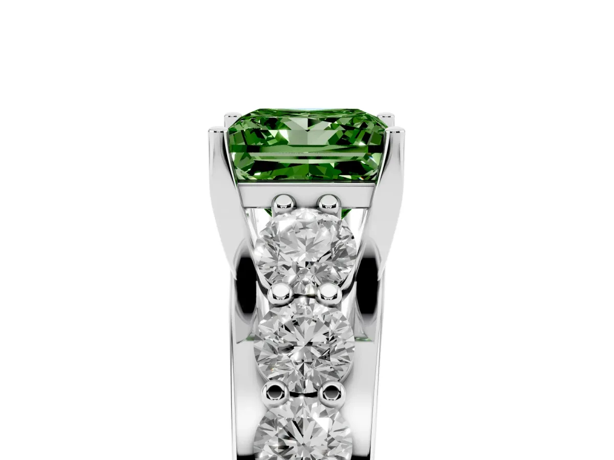 Fancy Green Princess Cut Diamond Engagement Ring with Pavé Band and Four-Prong Setting Silver