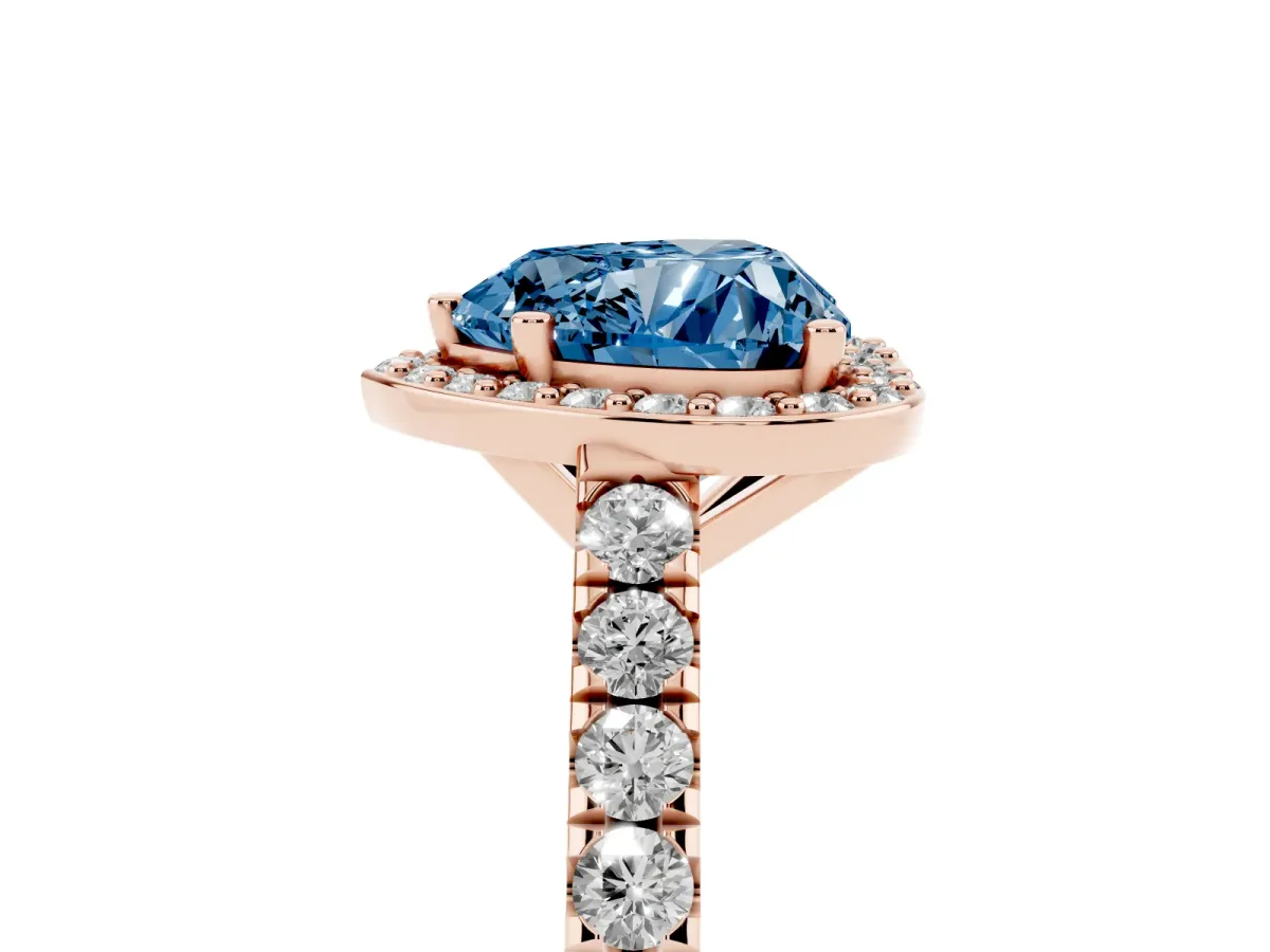 Fancy Blue Heart Cut Cut Halo Diamond Engagement Ring with Pave Band and Four-Prong Setting Rose gold