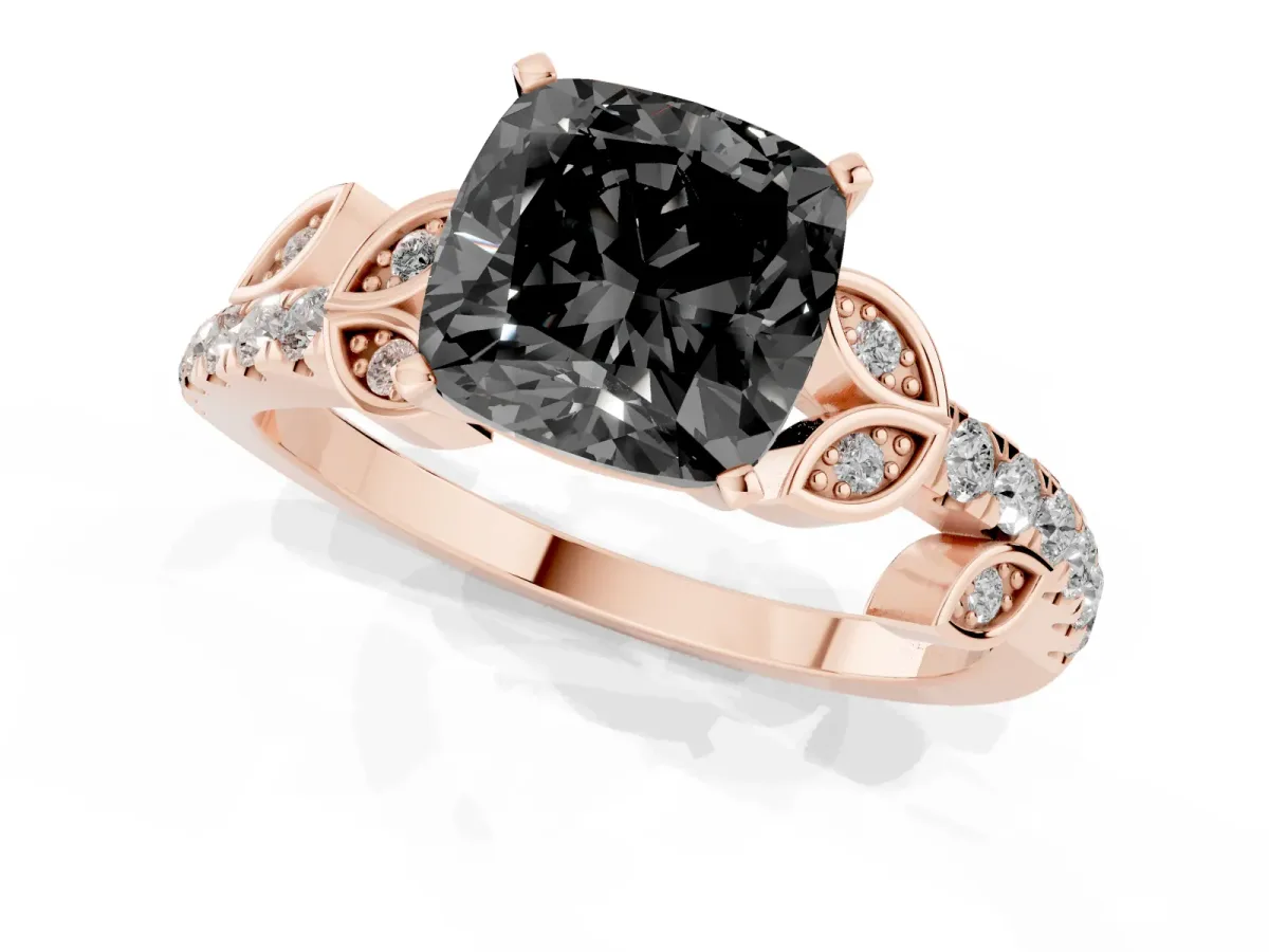 Fancy Black Cushion Cut Solitaire Leaf-Inspired Diamond Ring with Pavé Band and Four-Prong Setting Rose gold
