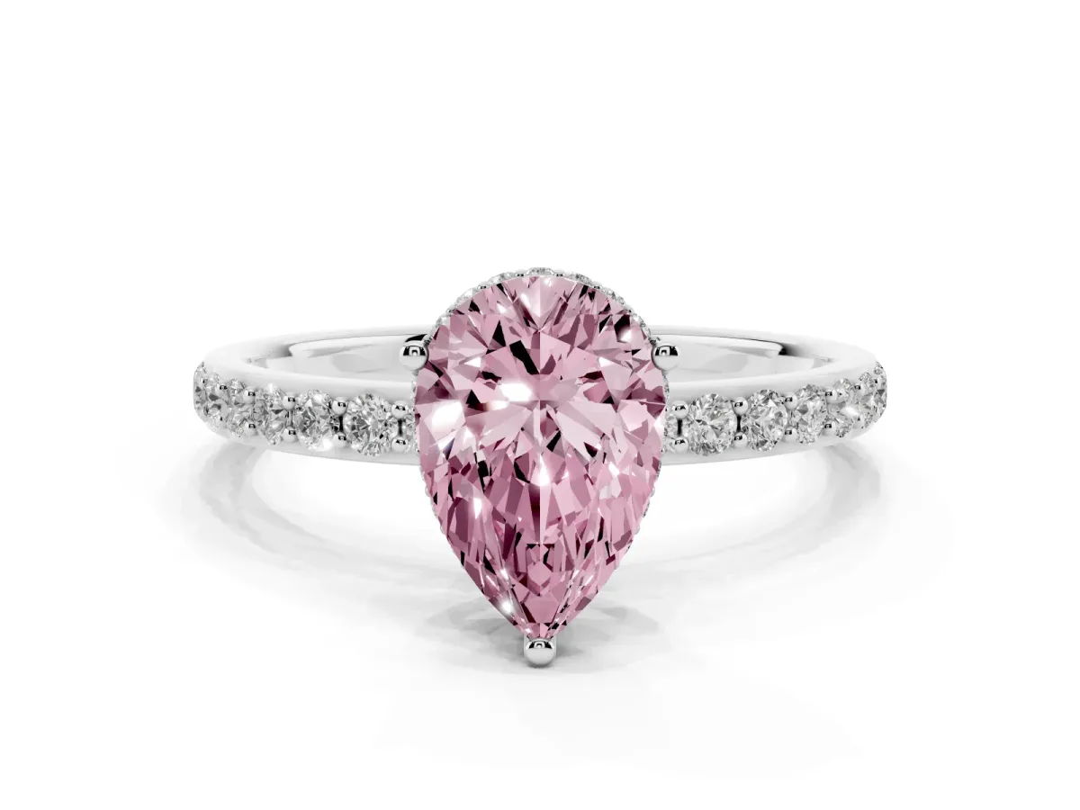 Fancy Pink Pear Cut Diamond Solitaire Ring with Pavé Band and Hidden Halo White gold