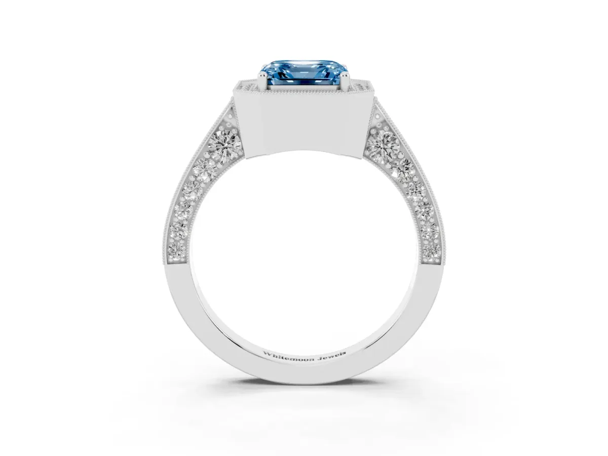 Fancy Blue Asscher Cut Halo Diamond Engagement Ring with Split Shank Band and Four-Prong Setting White gold