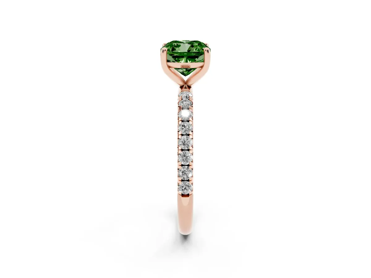 Fancy Green Cushion Cut Cut Diamond Solitaire Ring with Micro Pave Band and Four Prong Setting Rose gold