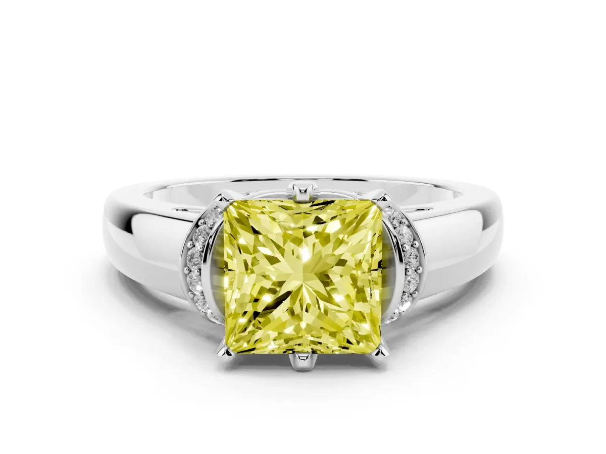 Fancy Yellow Princess Cut Solitaire Diamond Ring with Pave Band and Six-Prong Setting Platinum