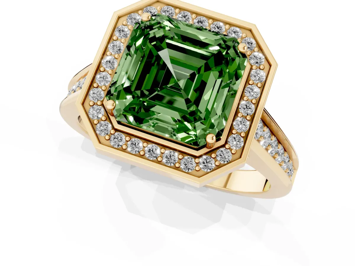 Fancy Green Asscher Cut Halo Solitaire Diamond Ring with Pave Band and Bezel Setting Yellow gold