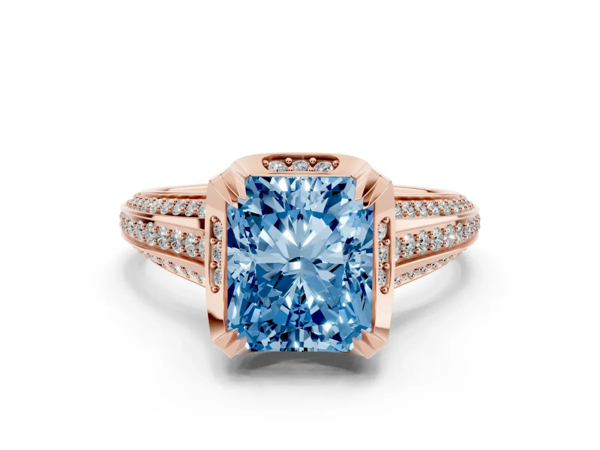 Fancy Blue Radiant Cut Solitaire Pave Split Shank Ring with Four-Prong Setting Rose gold