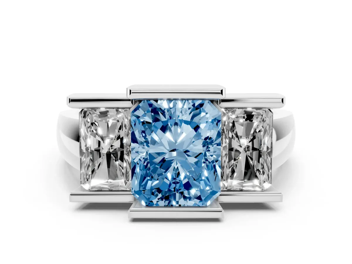 Fancy Blue Three Stone Radiant Cut Cut Channel Set Diamond Ring Silver