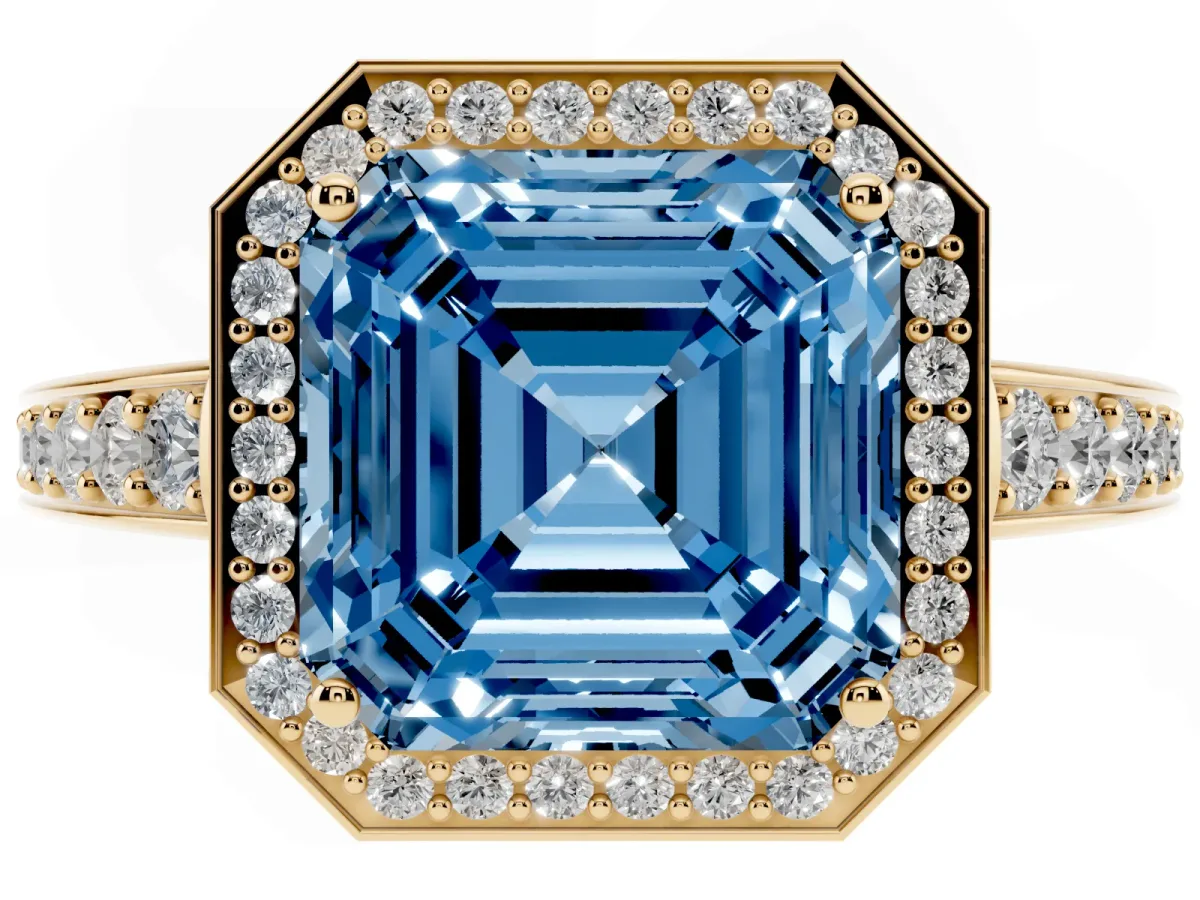 Fancy Blue Asscher Cut Halo Pavé Diamond Engagement Ring with Bezel Setting Yellow gold