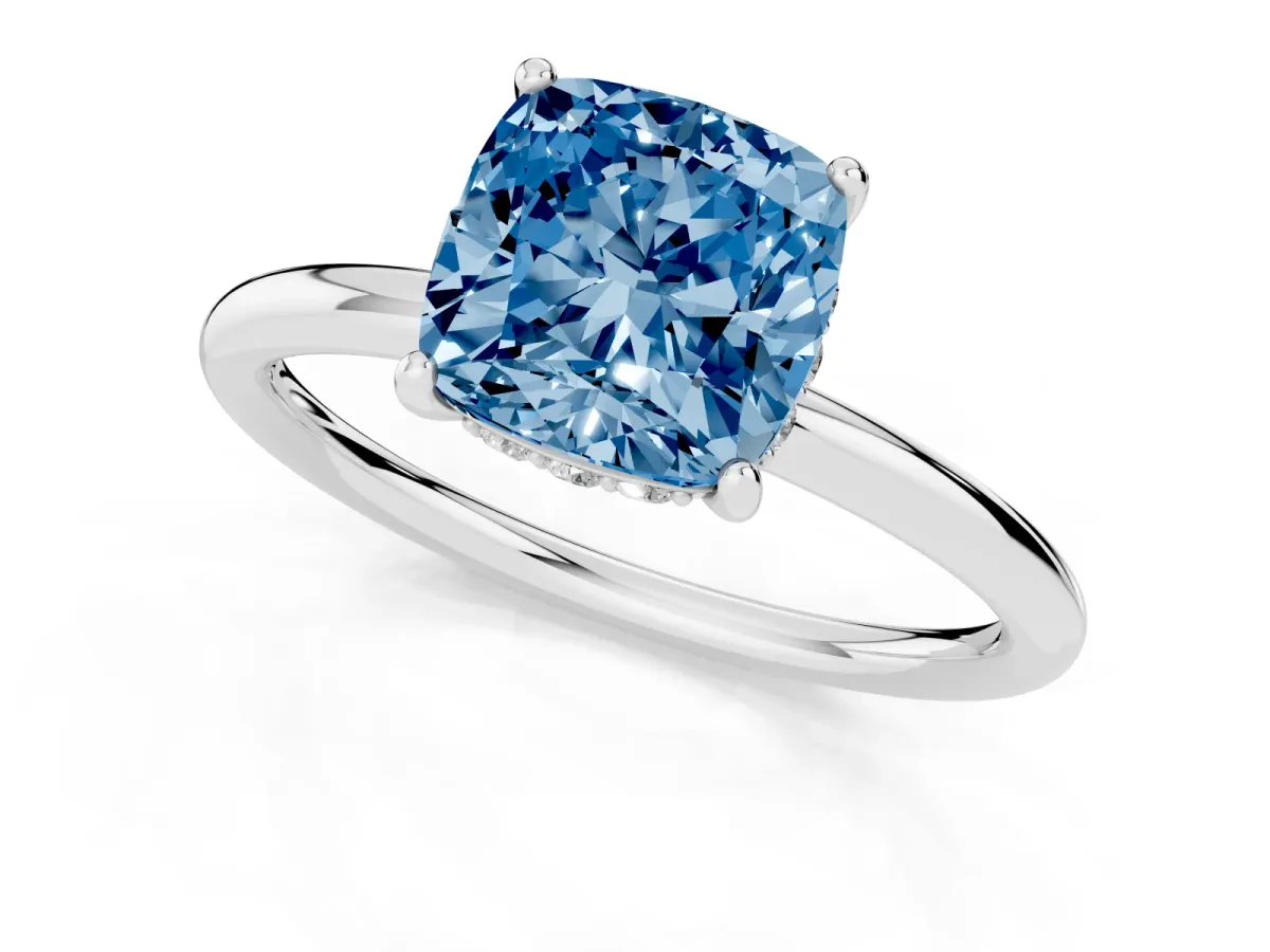 Fancy Blue Cushion Cut Solitaire Diamond Ring with a Classic Band and Four-Prong Setting Silver