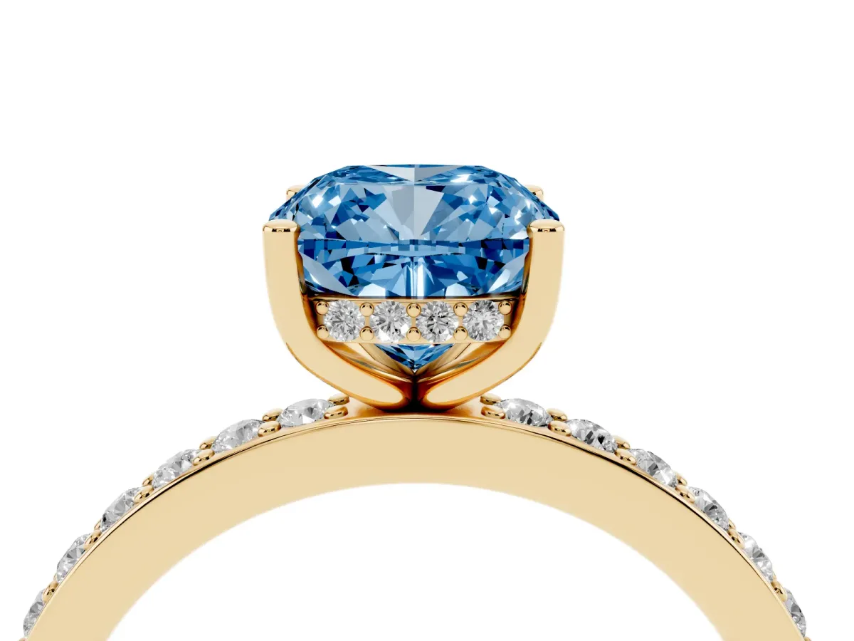 Fancy Blue Cushion Cut Cut Diamond Pavé Band Ring with Four-Prong Setting Yellow gold
