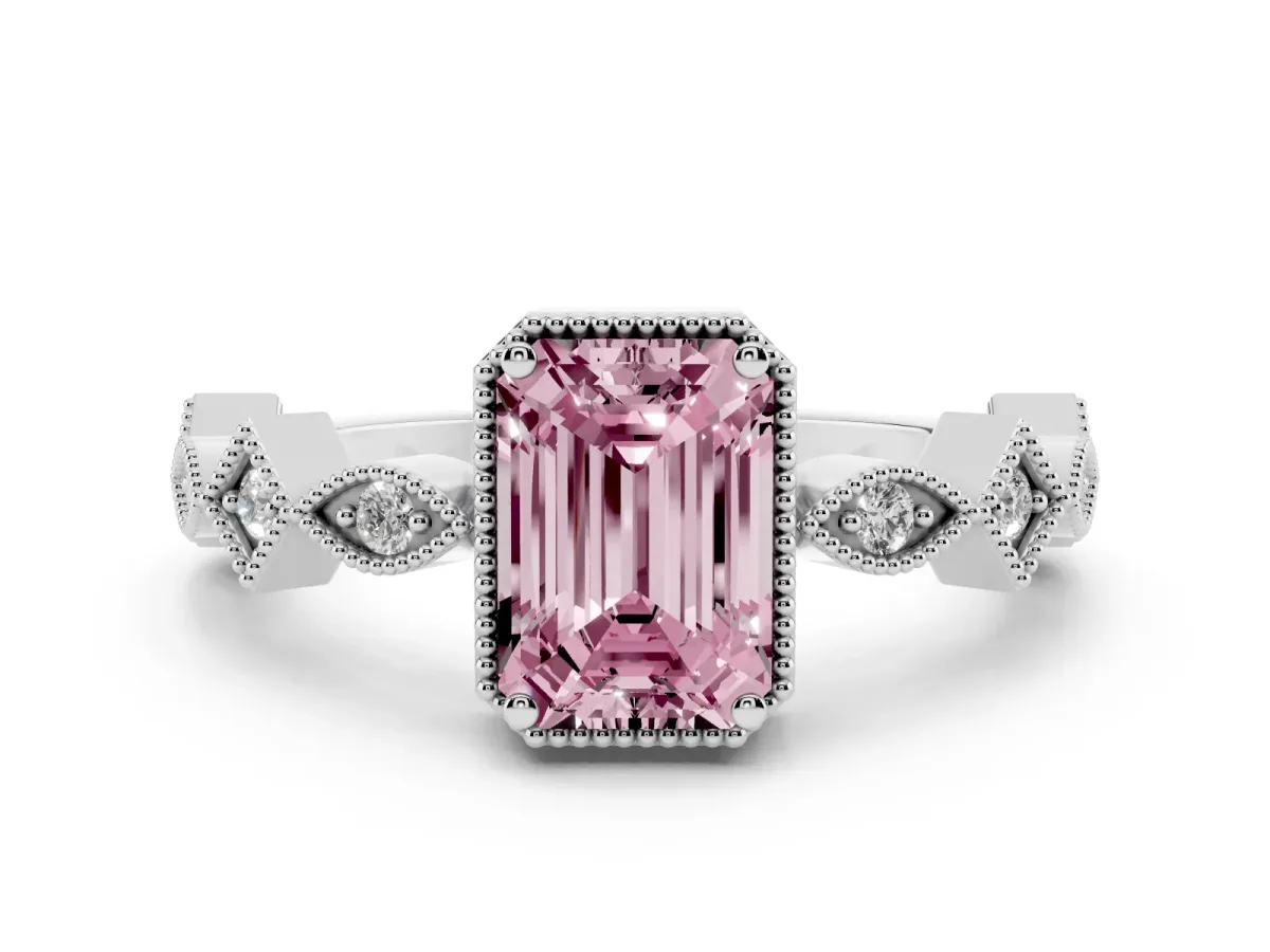 Fancy Pink Emerald Cut Milgrain Marquise Diamond Twist Band Ring Silver