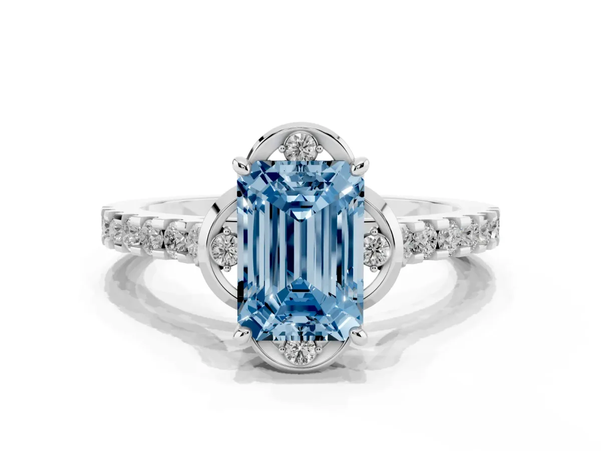 Fancy Blue Emerald Cut Diamond Ring with Pavé Band and Floral Prong Setting Silver