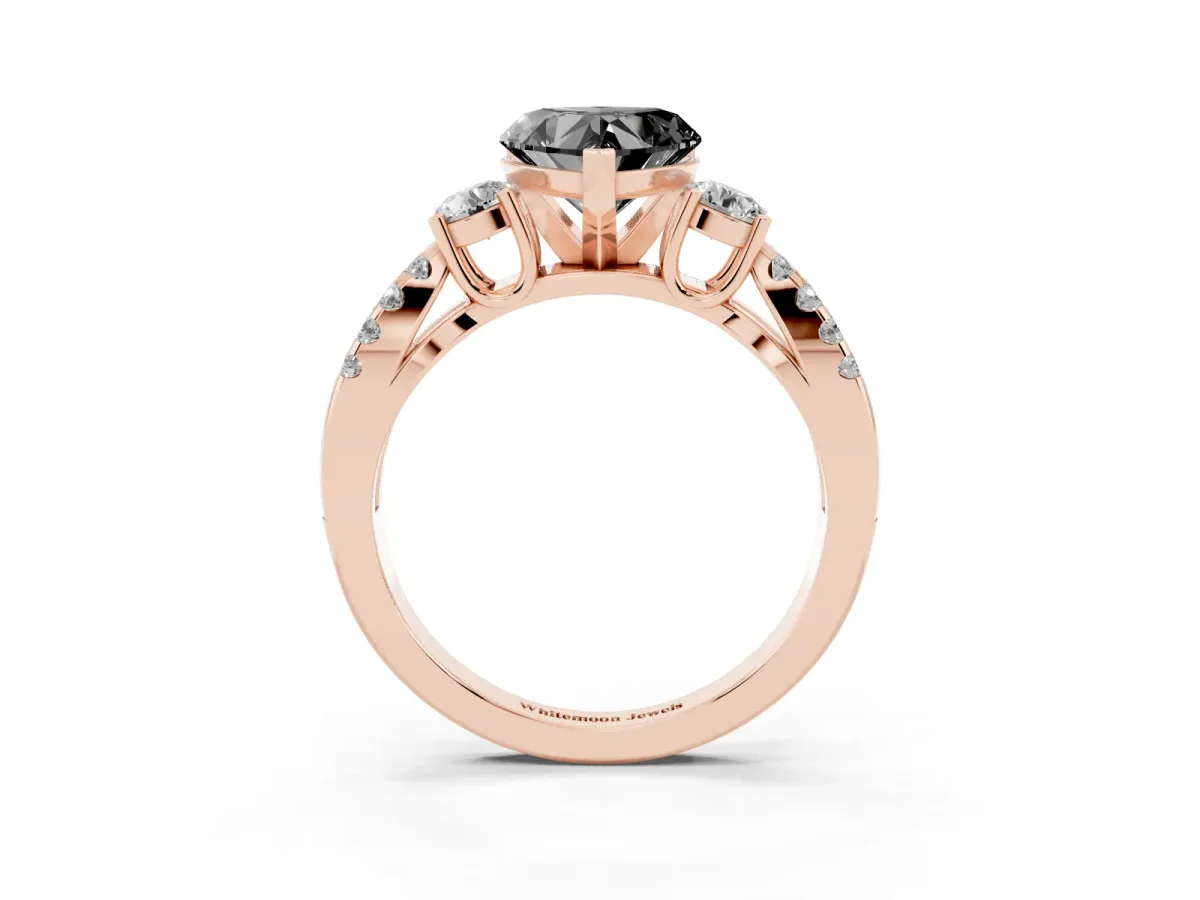 Fancy Black Heart Cut Diamond Three-Stone Ring with Pavé Split Shank and Four-Prong Setting Rose gold