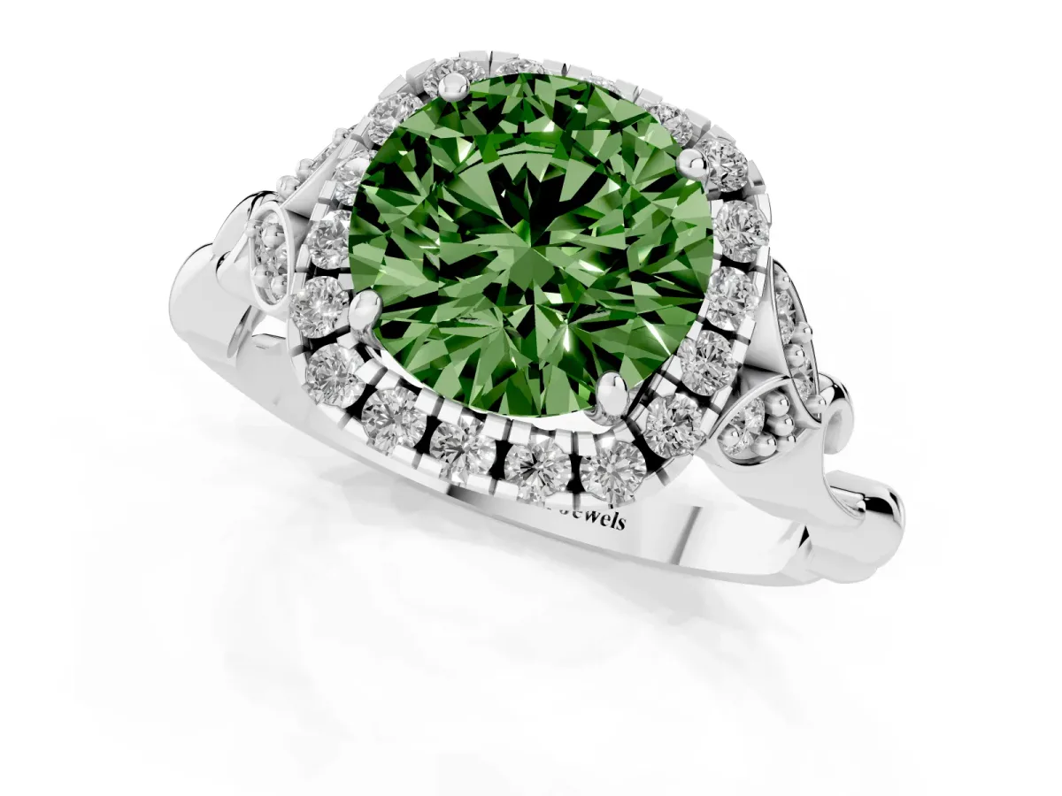 Fancy Green Round Cut Halo Diamond Engagement Ring with Vintage-Inspired Band and Four-Prong Setting Silver
