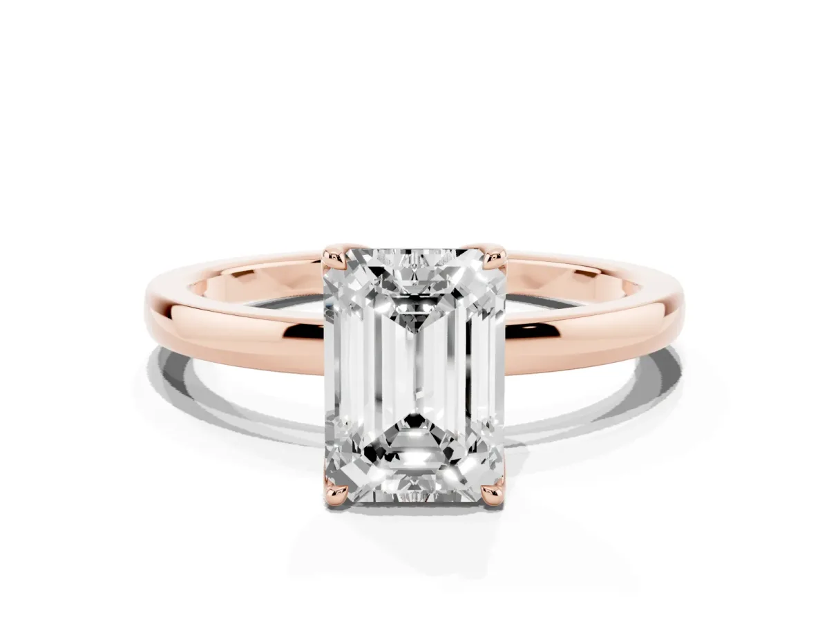 Emerald Cut Diamond Solitaire Ring with Thin Band and Prong Setting Rose gold