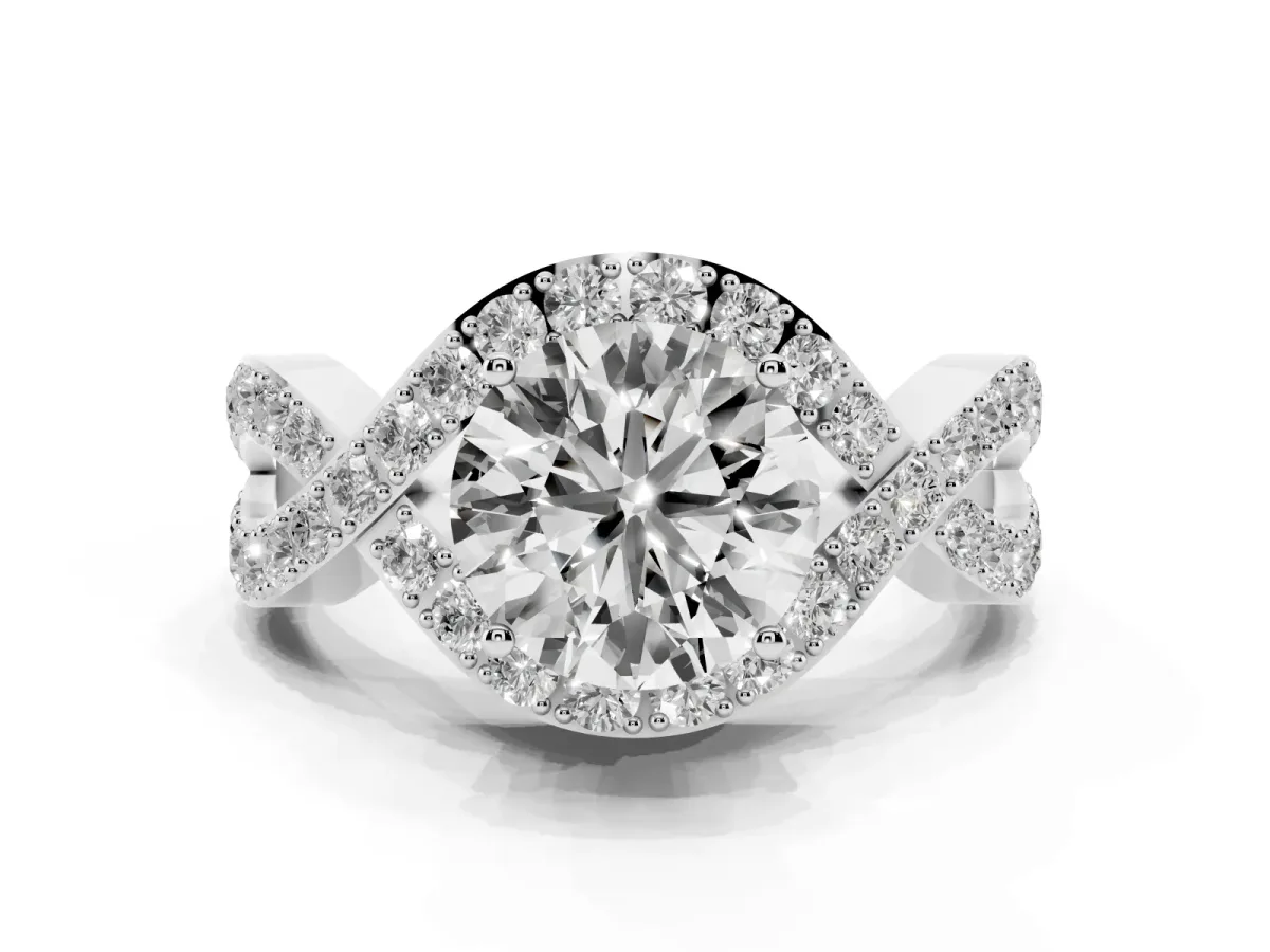 Round Cut Solitaire Twist Band Pavé Diamond Engagement Ring Silver
