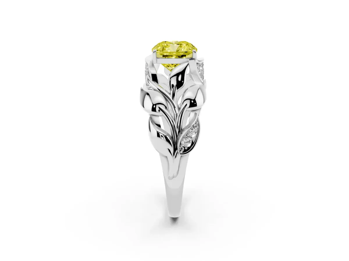Fancy Yellow Cushion Cut Diamond Leaf-Inspired Engagement Ring with Round Accents and Prong Setting Platinum