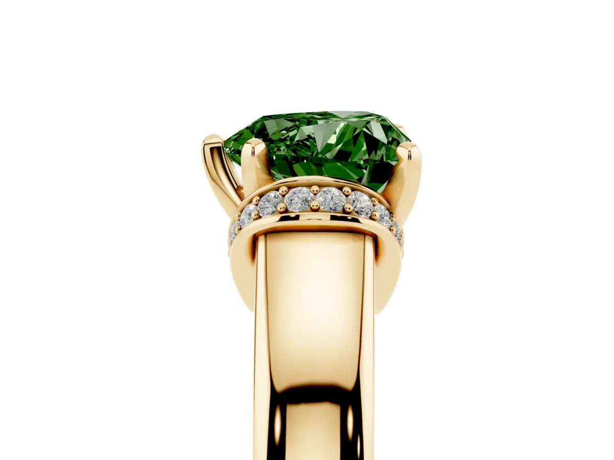 Fancy Green Heart Cut Solitaire Diamond Ring with Pave Band and Six-Prong Setting Yellow gold