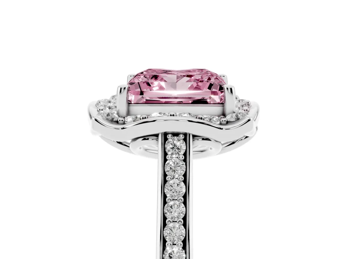 Fancy Pink Princess Cut Halo Round Diamond Pave Band with Four-Prong Setting Silver