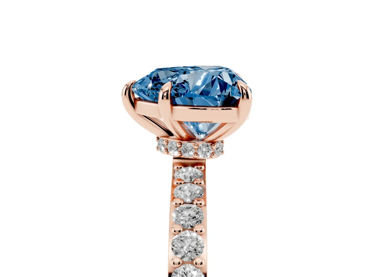 Fancy Blue Heart Cut Diamond Pavé Engagement Ring with Round Accents and Prong Setting Rose gold