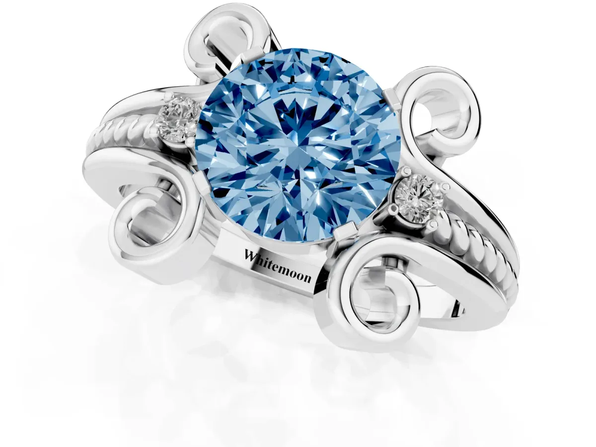Fancy Blue Round Cut Solitaire Twisted Band Scroll Prong Ring Platinum