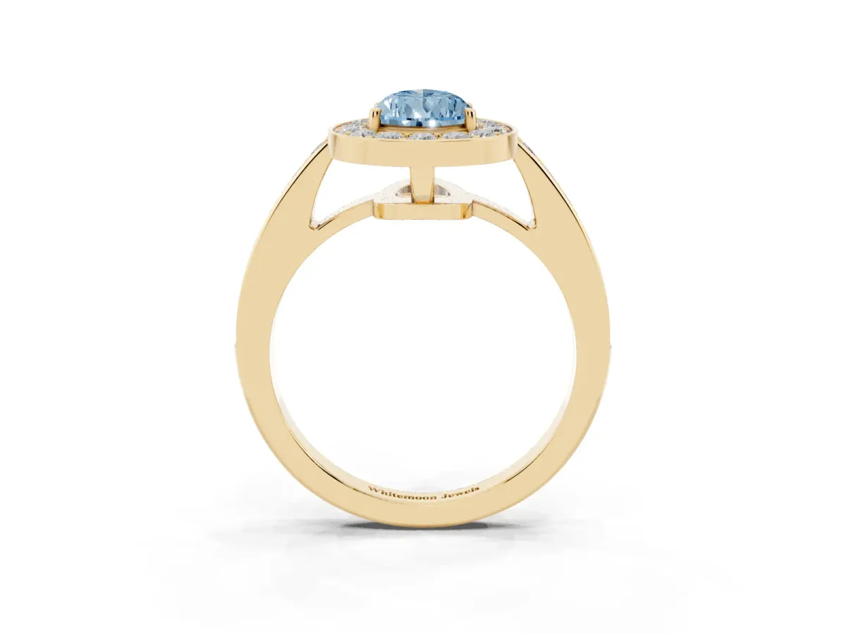Fancy Blue Pear Cut Halo Pavé Diamond Engagement Ring with Bezel Setting Yellow gold